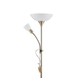 Bronze-finished steel floor lamp with a tall stem, wide white uplighter bowl, flexible reading arm with small white shade, and inline switch, on a white background.