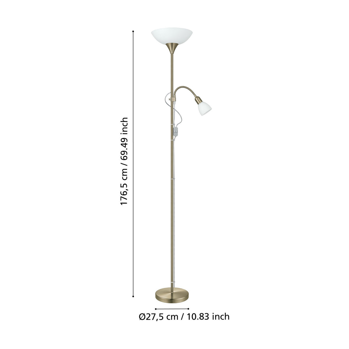Brilbette mother and child floor lamp in bronze steel with a wide white uplighter shade and flexible reading arm, shown with dimensions 176.5cm height and 27.5cm diameter on a plain white background.