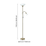 Brilbette mother and child floor lamp in bronze steel with a wide white uplighter shade and flexible reading arm, shown with dimensions 176.5cm height and 27.5cm diameter on a plain white background.