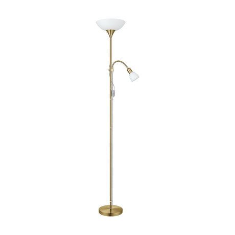 Brilbette mother and child floor lamp in bronzed steel, with a tall stem, wide white uplighter bowl, flexible reading arm with small white shade, and round base, on a plain white background.
