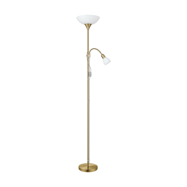 Brilbette mother and child floor lamp in bronzed steel, with a tall stem, wide white uplighter bowl, flexible reading arm with small white shade, and round base, on a plain white background.
