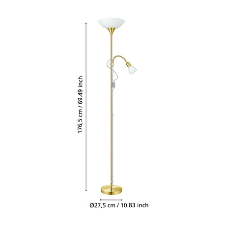 Brilbette mother and child floor lamp in matt brass with a white uplighter bowl shade and adjustable reading arm, shown with dimensions 176.5cm tall and Ø27.5cm base on a white background.