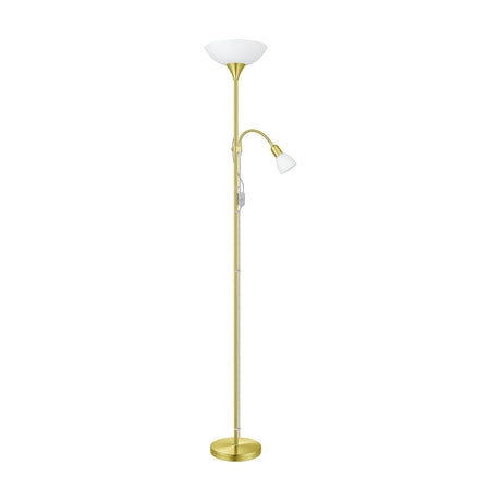 Brilbette mother and child floor lamp in matt brass with a white uplighter bowl, adjustable reading arm with small white shade, round base, on a plain white background.