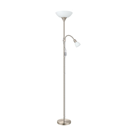 Brilbette Mother and Child Floor Lamp in satin nickel, with a white bowl uplighter shade and a flexible gooseneck reading light on a slim steel stem with round base, shown on a plain white background.