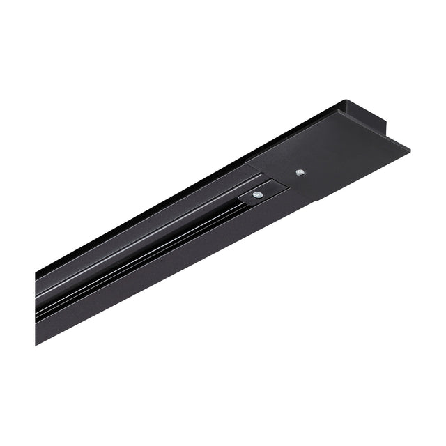 Brillia 1m recessed 1-phase lighting track in black finish, shown at an angle on a plain white background with visible connector and mounting screws.