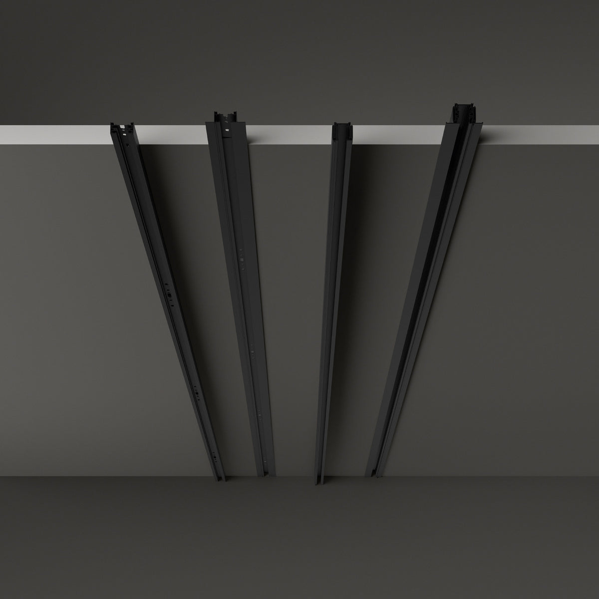Brillia 3m recessed 1-phase lighting track in black, shown as four angled rail sections hanging from a slim ceiling slot against a plain grey background.