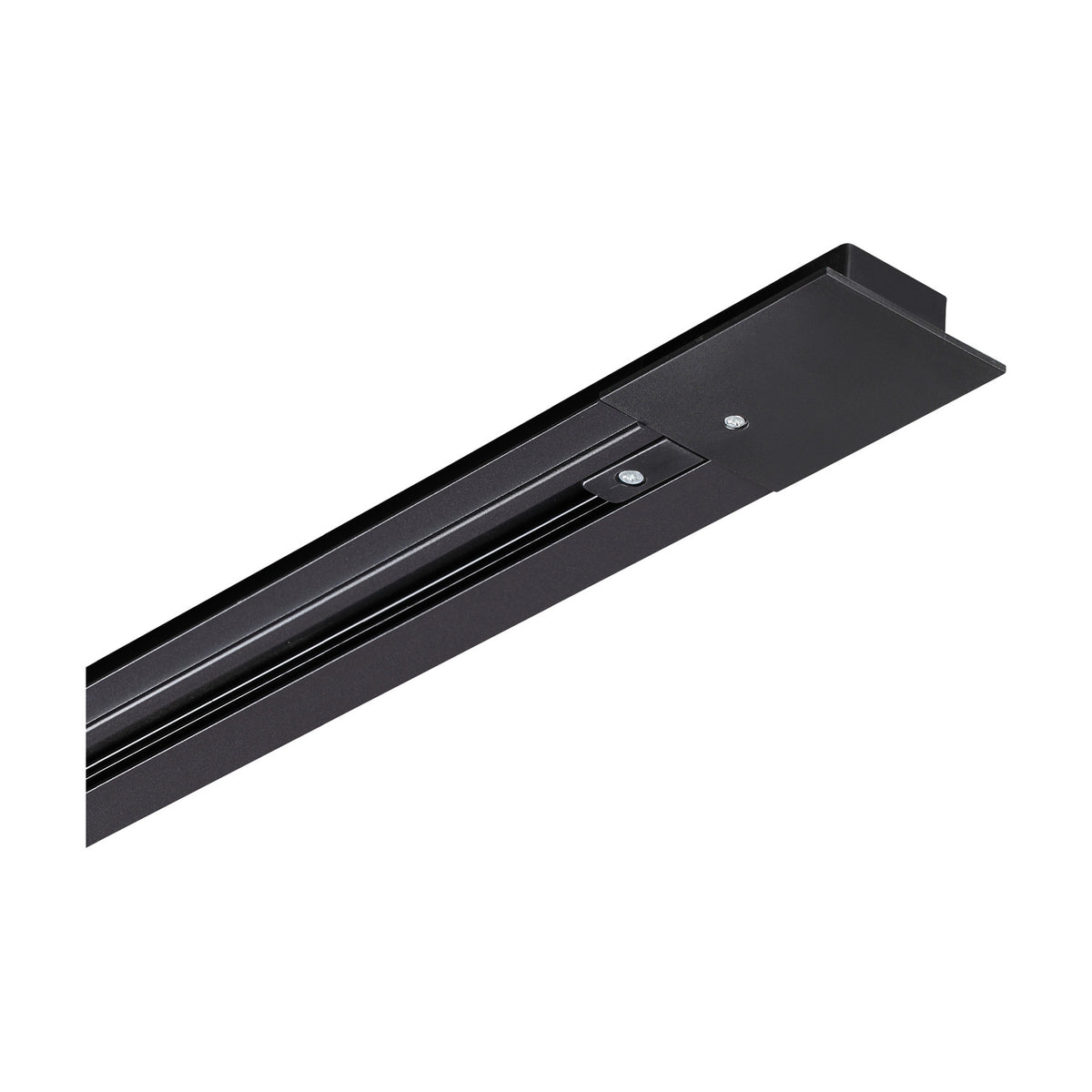 Brillia 3m recessed 1-phase lighting track in black, shown as a slim rail section with connector screws, photographed at an angle on a white background.