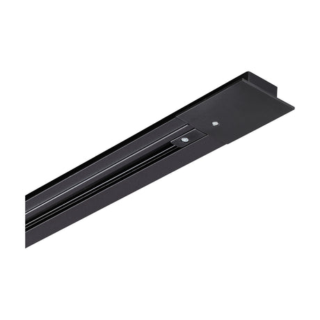 Brillia 3m recessed 1-phase lighting track in black, shown as a slim rail section with connector screws, photographed at an angle on a white background.