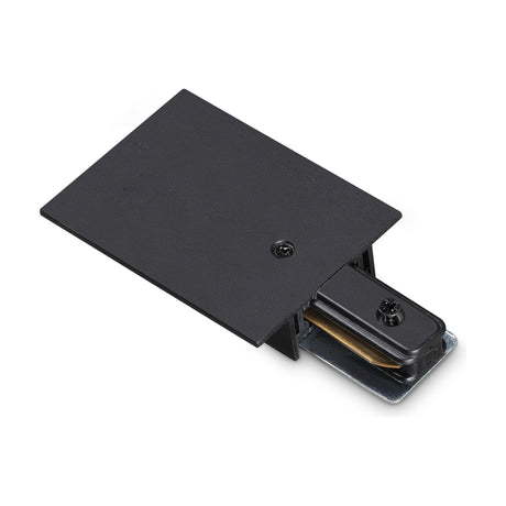 Brillia recessed 1-phase track power feed in black, with a flat rectangular cover plate and slim metal connector end, shown on a plain white background.