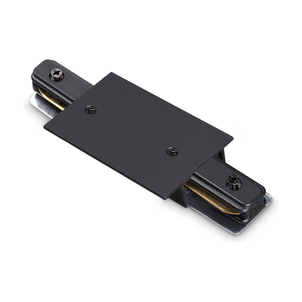 Brillia Surface 1-Phase Track Centre Power Feed in black, a metal connector with a flat black cover plate and two exposed track ends with visible screws, shown on a plain white background.