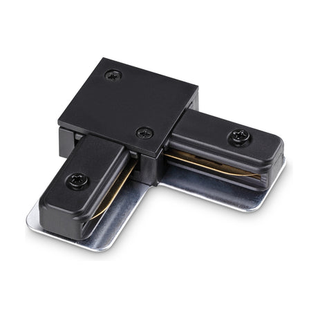 Brillia Surface 1-Phase Track L-Connector in black, an L-shaped corner joint with visible internal conductive strips and screw fittings, shown on a plain white background.