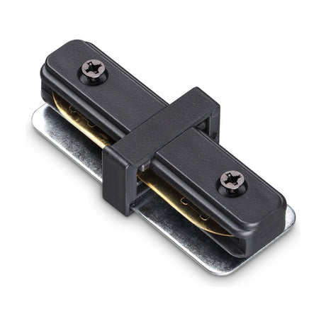 Brillia Surface 1-Phase Track Linear Connector in black, with two Phillips screws and a metal base plate joining track sections, shown on a white background.