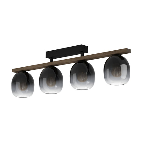Brinvelle 4 Light Ceiling Light featuring a black steel canopy and brown wood bar with four smoked glass shades fading from grey to clear, shown on a white background.
