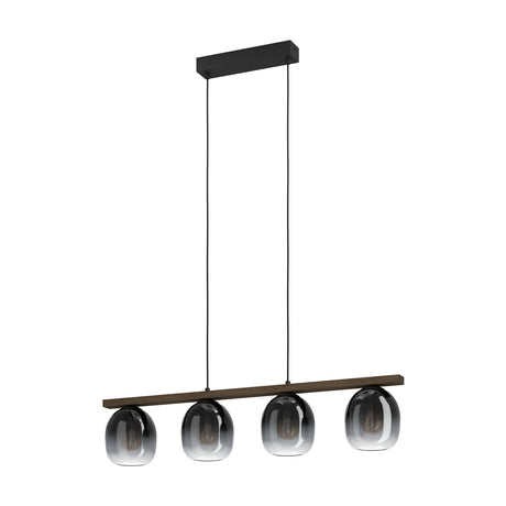 Brinvelle linear pendant light with four smoked glass shades fading from grey to clear, suspended from a brown wooden bar on black cords with a black ceiling canopy, shown on a white background.