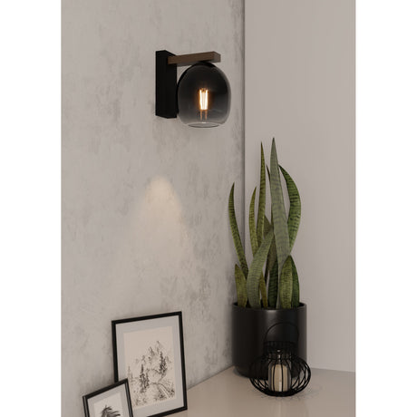 Brinvelle Wall Light with black back plate, brown wooden arm, and rounded smoked glass shade, shown installed on a textured grey wall above a snake plant.