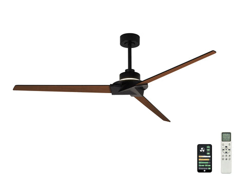 Brisa 1.75m ceiling fan with integrated LED light, three dark wood-tone blades on a black motor housing, shown with smart remote and app control on a white background.