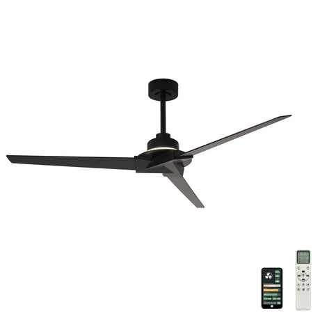 Brisa Single Ceiling Fan with Light in matte black, featuring three angled blades, a central LED light with warm glow, and a remote and smart control app shown alongside on a white background.