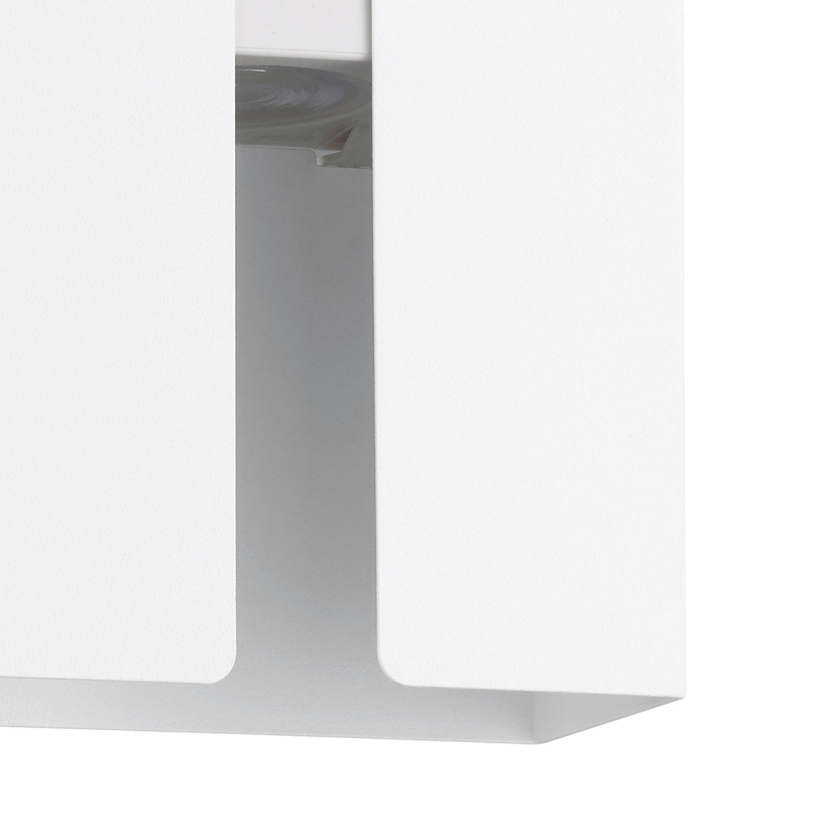 Close-up of the Briscola LED outdoor wall light in white steel, showing two flat upright panels with a narrow central slot and integrated LED source, IP44 rated.