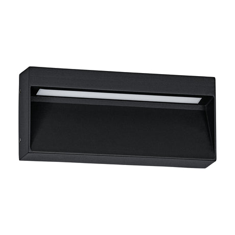 Brolbenne LED Outdoor Wall Light in black aluminium, rectangular design with a recessed angled face and integrated LED strip for downward light, shown on a plain white background.