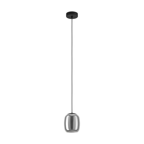 Brolbine glass pendant light with a smoky grey barrel-shaped shade, black ceiling canopy and cord, single E27 fitting, shown on a plain white background.