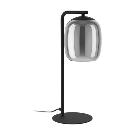 Brolbine Table Lamp in black, featuring a round base, slim upright stem and cranked arm holding a grey vaporised glass shade, shown on a plain white background.