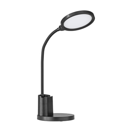 Brolini LED touch table lamp in black plastic, with a round flat head on a flexible gooseneck and a round base, shown on a plain white background.