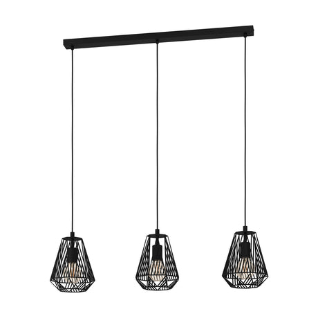 Brolvelle Linear Pendant Light in black steel, featuring a straight ceiling bar with three geometric wire cage shades on black cords, shown on a white background.