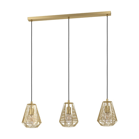 Brolvelle Linear Pendant Light in gold-finish steel, featuring three geometric cage shades on black cords suspended from a long rectangular ceiling bar, shown on a plain white background.
