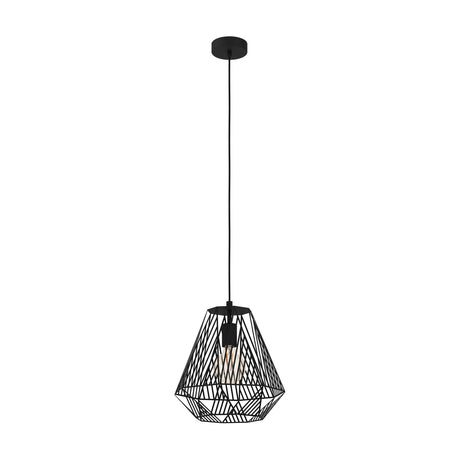 Brolvelle Pendant Light in black, a single-bulb fixture with a faceted steel wire cage shade, round ceiling rose and slim cord, shown on a plain white background.