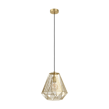 Brolvelle Pendant Light in gold, a faceted steel cage shade with an open geometric design, suspended on a black cord from a round gold ceiling canopy, shown against a plain white background.