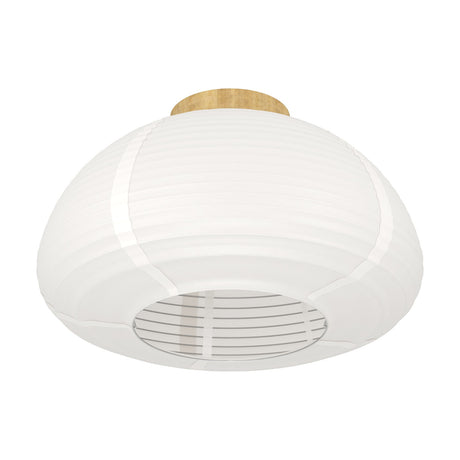Brosmena flush ceiling light with a rounded, ribbed white paper lantern shade and round wooden ceiling mount, shown on a plain white background.