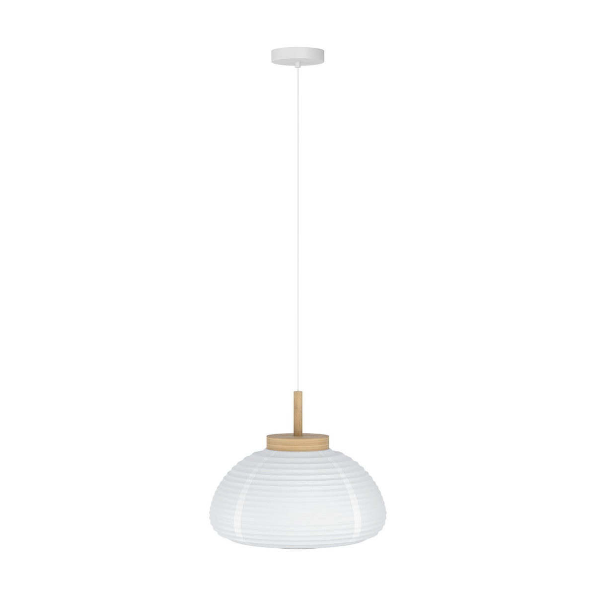 Brosmena Paper Pendant Light 55cm in white ribbed paper with a light wood collar and stem, round white ceiling canopy, slim white cord, shown on a plain white background.