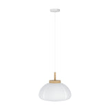 Brosmena Paper Pendant Light 55cm in white ribbed paper with a light wood collar and stem, round white ceiling canopy, slim white cord, shown on a plain white background.