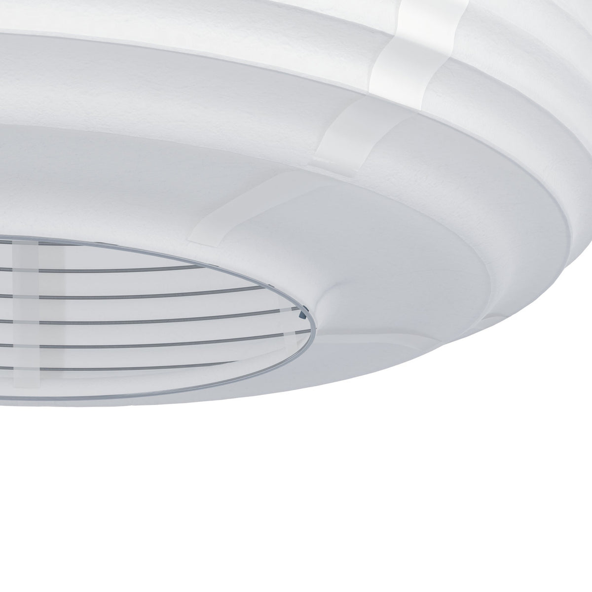 Close-up of the Brosmena paper pendant light's white ribbed shade and ceiling canopy, showing a wood collar detail with internal fitting, on a plain white background.