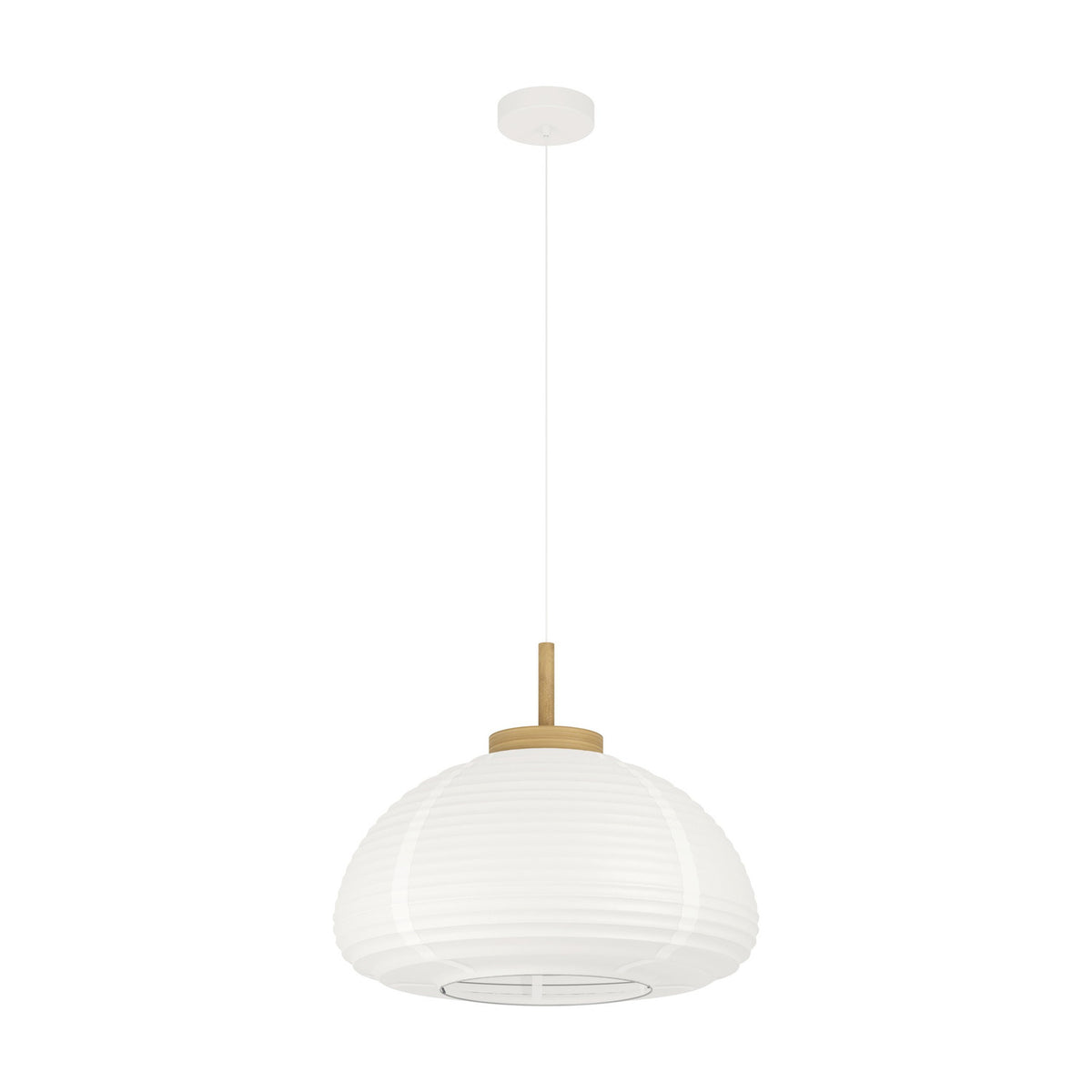 Brosmena Paper Pendant Light 55cm with a wide ribbed white shade, light wood collar and stem, white ceiling canopy and cord, shown on a plain white background.