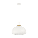 Brosmena Paper Pendant Light 55cm with a wide ribbed white shade, light wood collar and stem, white ceiling canopy and cord, shown on a plain white background.
