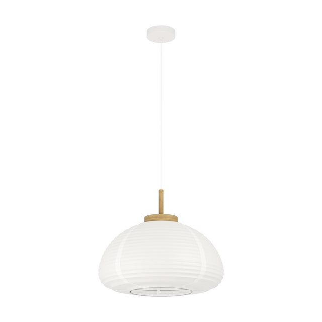 Brosmena Paper Pendant Light 55cm with a wide ribbed white shade, light wood collar and stem, white ceiling canopy and cord, shown on a plain white background.