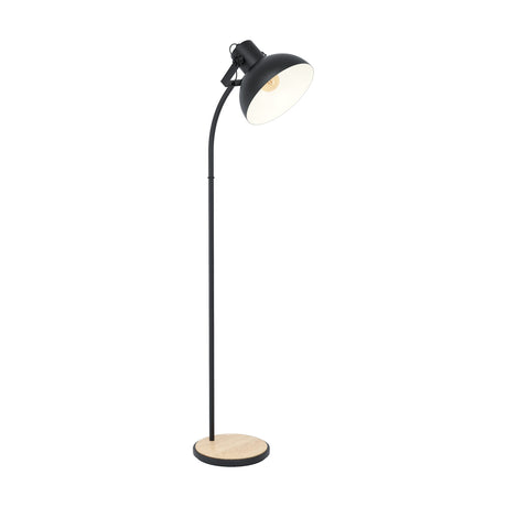 Brosora Floor Lamp with black steel frame, round wooden base, curved stem, and adjustable black dome shade with white interior, shown on a plain white background.