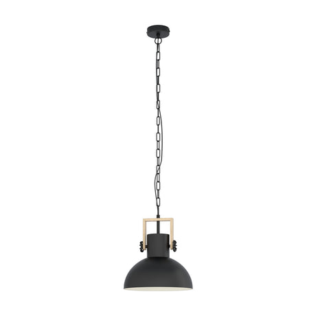 Brosora Pendant Light in black steel with a deep dome shade on a light wood yoke, suspended from a black chain and ceiling rose on a white background.