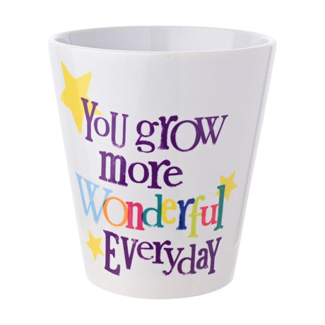 White ceramic mini planter, 12oz, with "You Grow More Wonderful Everyday" in purple and multicoloured lettering, yellow stars, on a plain white background.