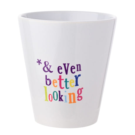 White ceramic mini planter, 12oz, with colourful stamped-look text reading "& even wonderful looking" on a plain white background.
