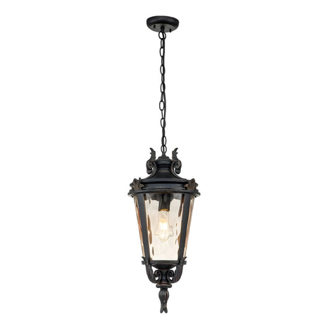 The Baltimore 1 Light Outdoor Large Chain Pendant features a vintage-style design in weathered bronze, complemented by a black metal frame and glass panels. Perfect for outdoor lighting, it's suspended by a chain and highlights a visible light bulb inside.