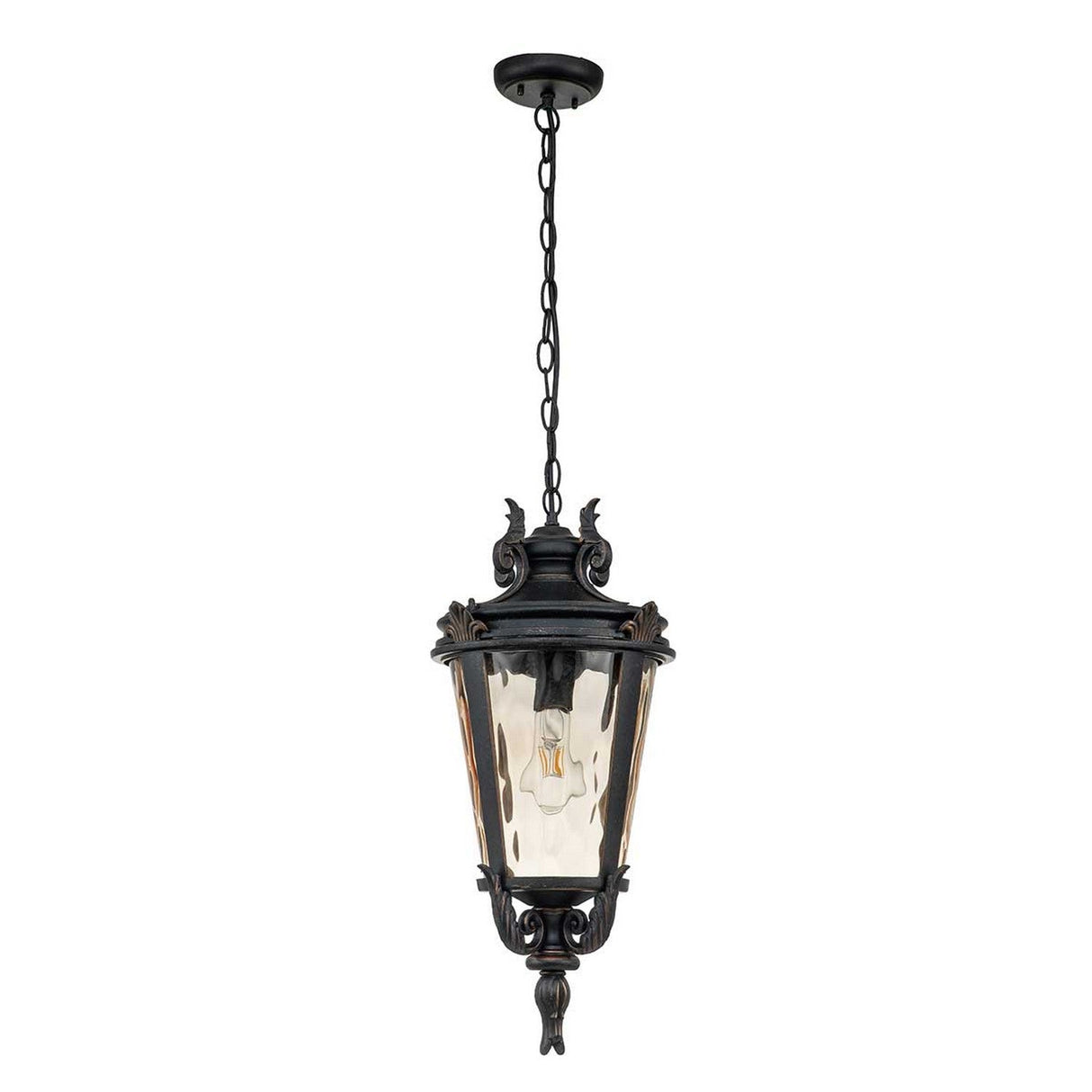 Add a touch of vintage elegance to your outdoor lighting with the Baltimore 1 Light Outdoor Large Chain Pendant in Weathered Bronze. This lantern features a dark metal frame with glass panels and hangs beautifully from a chain, showcasing intricate decorative details and an exposed light bulb for enhanced ambiance.