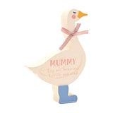 Cream MDF goose-shaped wall plaque with pink "Mummy" text, a pink ribbon bow at the neck, and a blue boot on one leg, set against a plain white background.