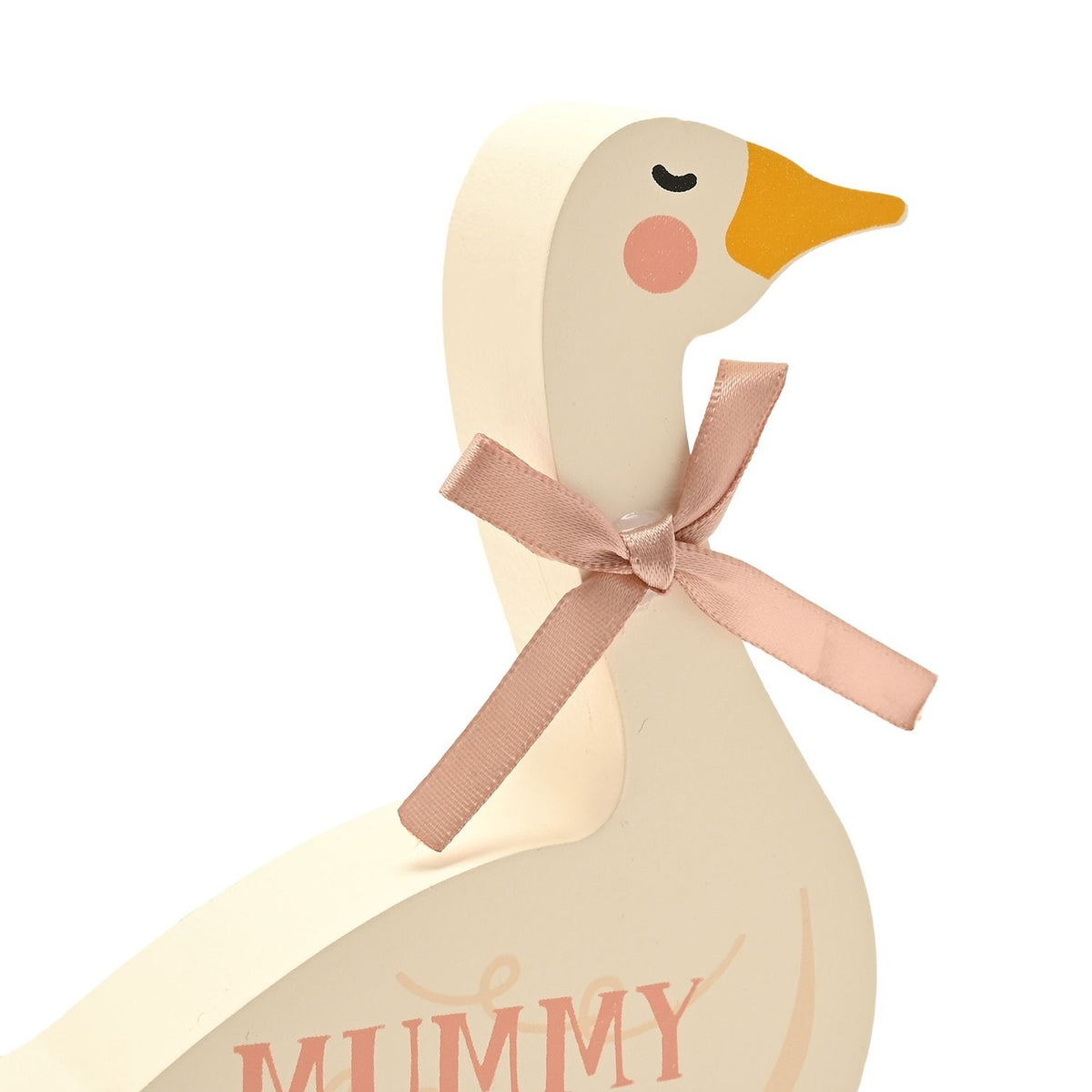 Close-up of the Mummy Goose MDF wall plaque in cream, showing the sleepy eye, rosy cheek, orange beak and pink ribbon bow, with "Mummy" text visible on the wing against a white background.