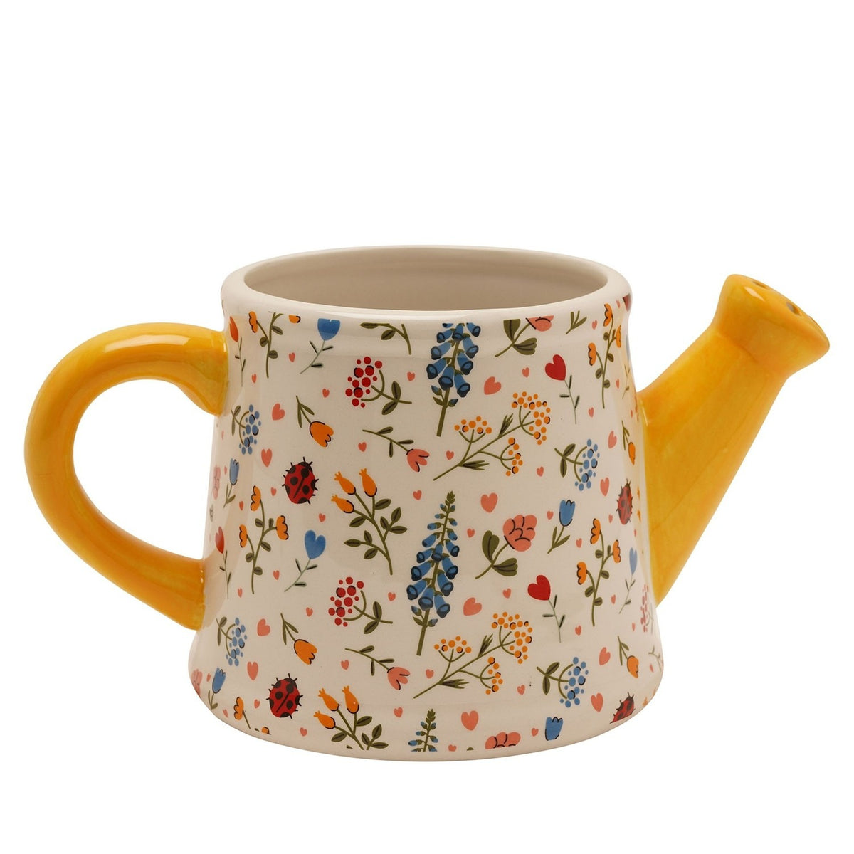 Large Floral Watering Can Ceramic Planter - Cream & Yellow