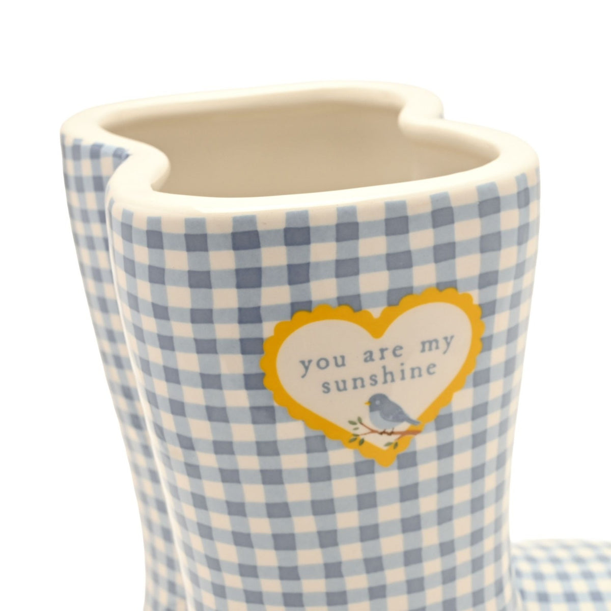 Small Sunshine Gingham Boots Ceramic Planter - Blue & White