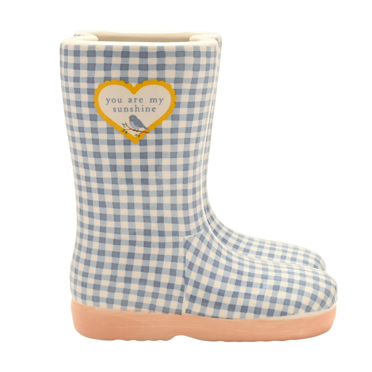 Small Sunshine Gingham Boots Ceramic Planter - Blue & White