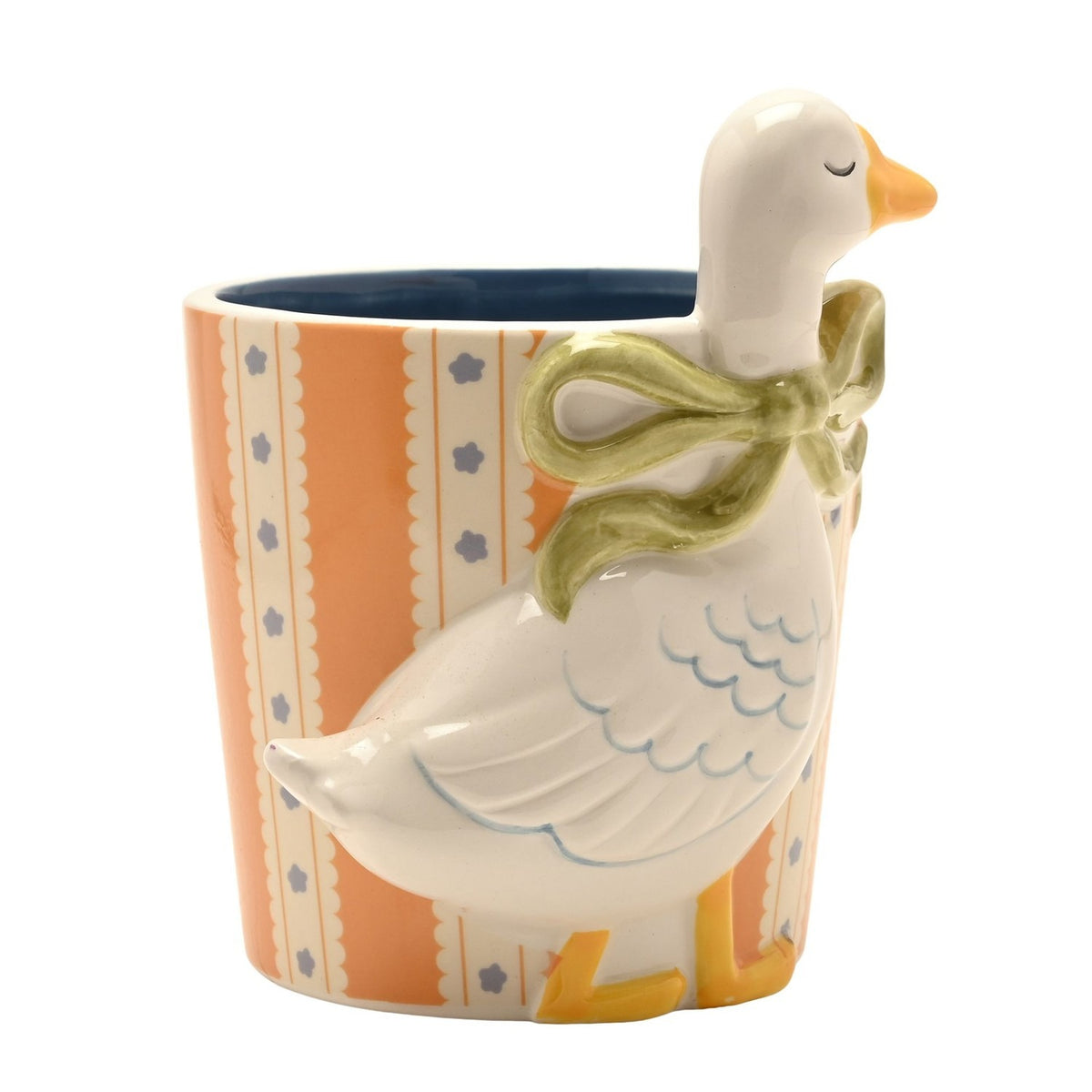 Round Striped Ceramic Planter with Goose - Orange & Cream