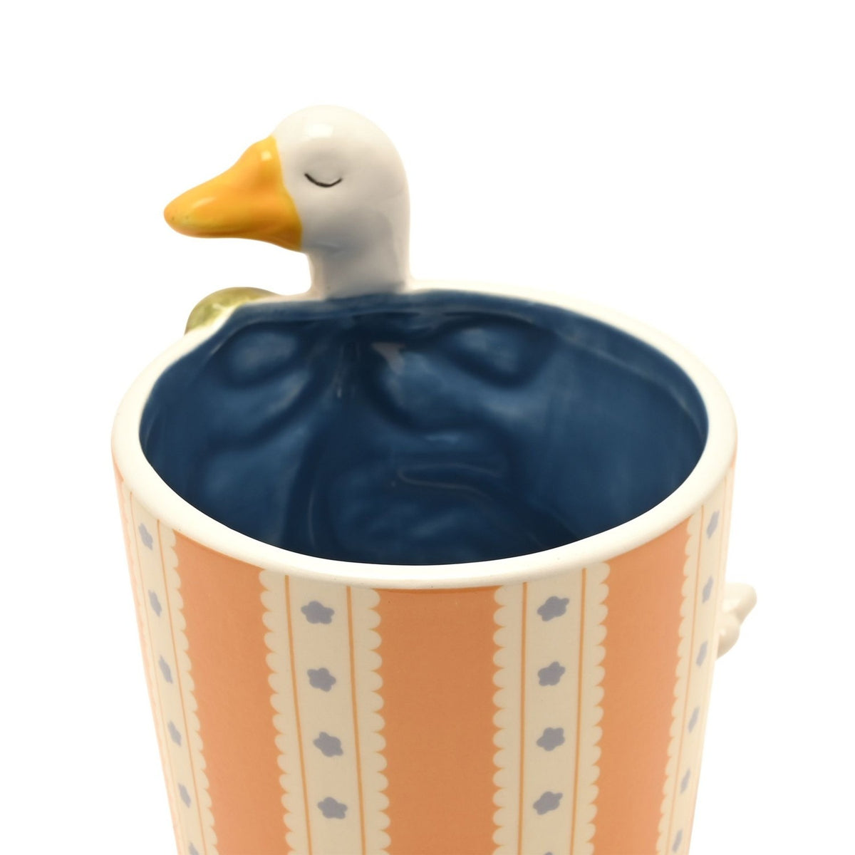 Round Striped Ceramic Planter with Goose - Orange & Cream